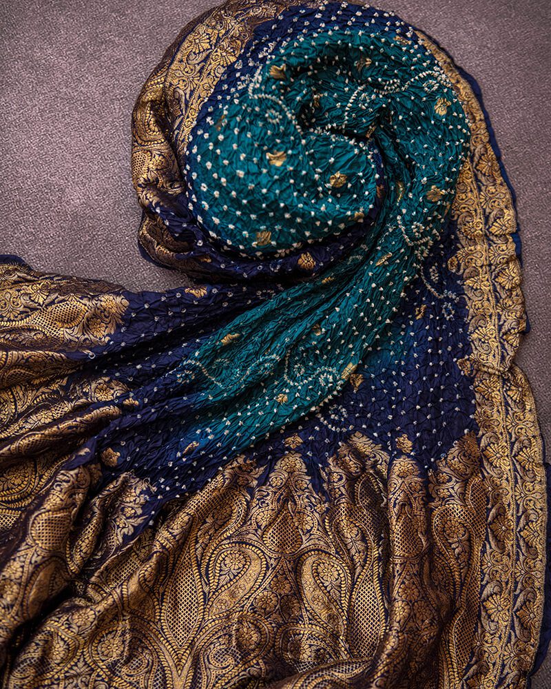 Handloom katan Silk Bandhani Blue Dupatta - DKK259B